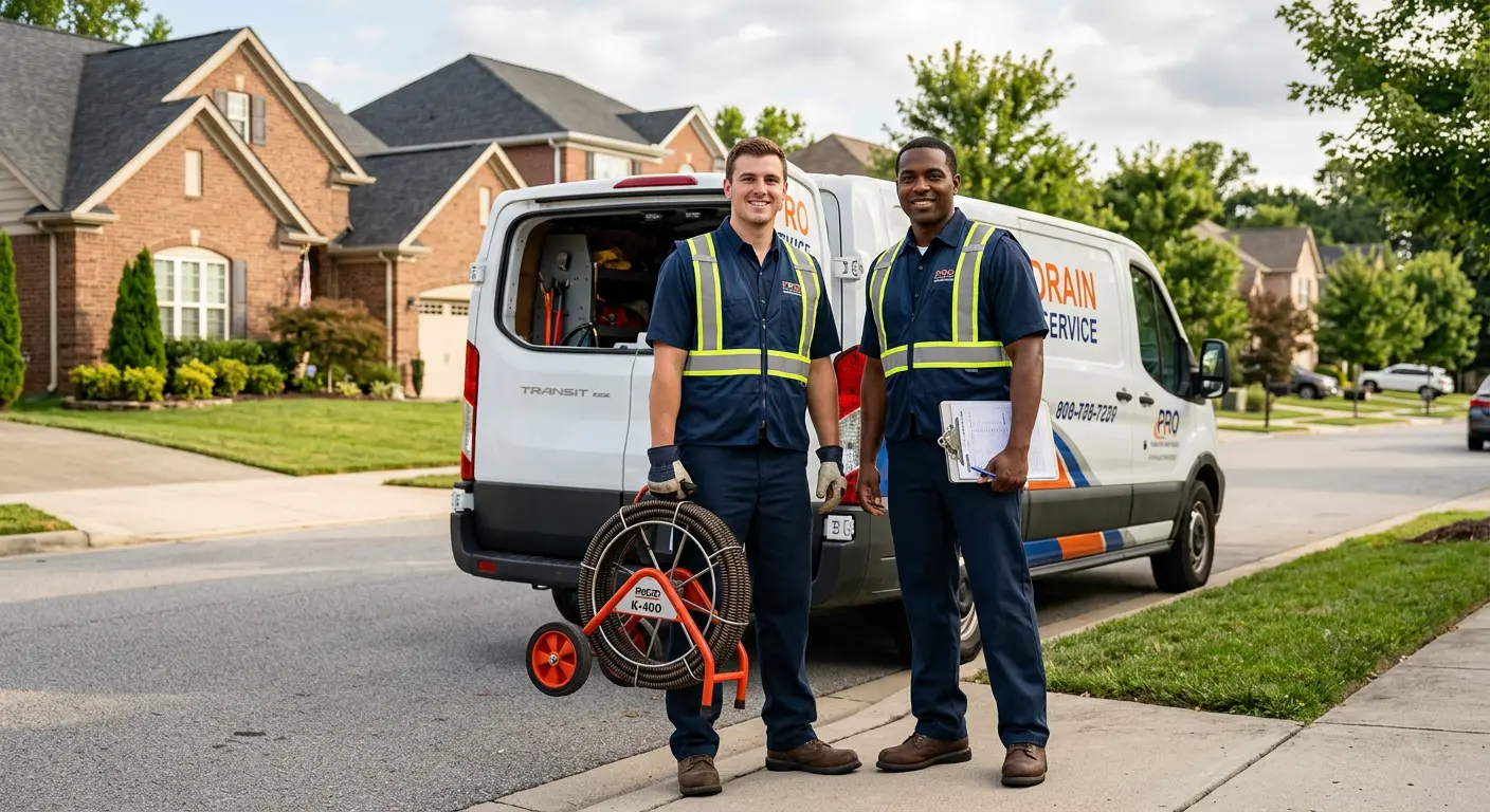 Sewer and drain service team with equipment ready for work in Danville